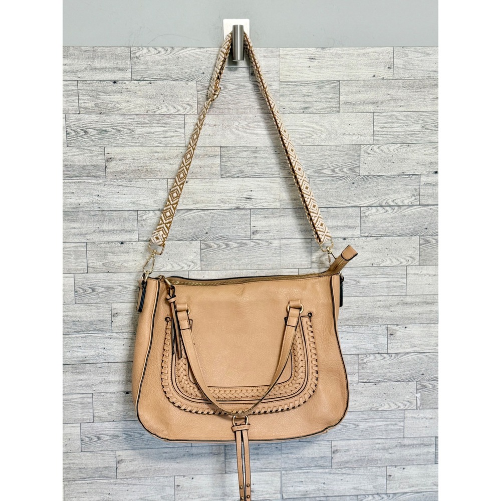 Sole Society Tan Vegan Leather Satchel Boho Whipstitch Woven Strap Crossbody Bag